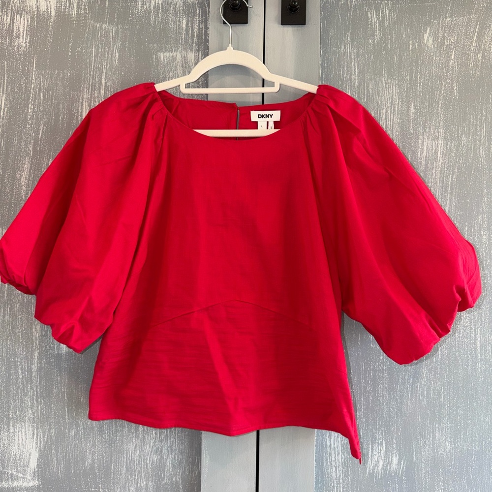 DKNY Red Puff Sleeve Blouse Size L | Balloon Sleeve Top | Statement Top - Picture 2 of 7